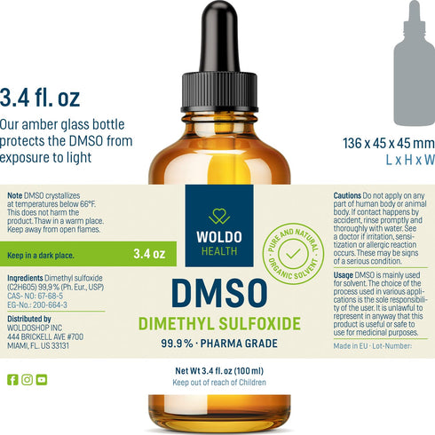 DMSO (Dimethyl Sulfoxide) 99.9% Pharmaceutical Grade, 3.38oz Glass Bottle with Dropper