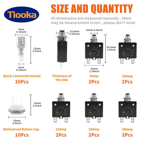 10A Manual Reset Button Circuit Breaker, 2 Pack, 125/250V AC, 50V DC, Thermal Overload Protector