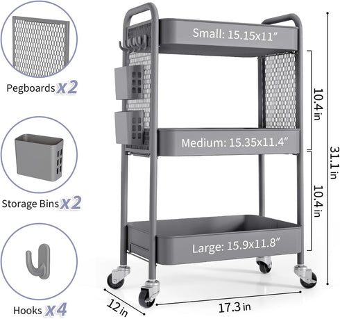 TOOLF 3 Tier Rolling Utility Cart with Wheels, Metal Storage Organizer for Bathroom and Kitchen