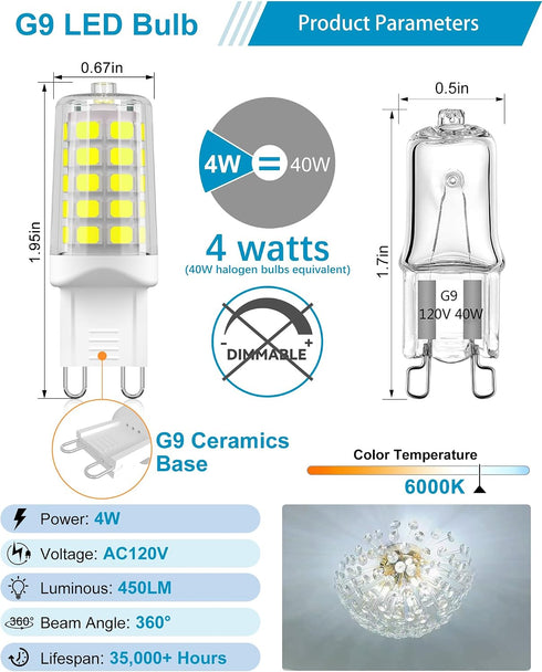G9 Bulbs, 40 T4 Bulb, 6000K 450 G9 Non-Dimmable, 4W Bulb 360 5 Pack LED Watt Equivalent Chandelier Light Daylight White