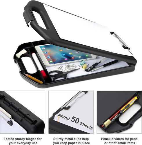 Sunnyclip Storage Clipboard with Handle, Heavy Duty Plastic Compartment for 200 Letter Sized Paper, Portable Office