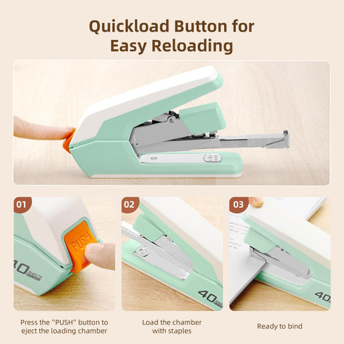 Deli Effortless Desktop Stapler, Heavy Duty, 40-50 Sheet Capacity, One Finger, Includes Staples & Staple Remover, Green