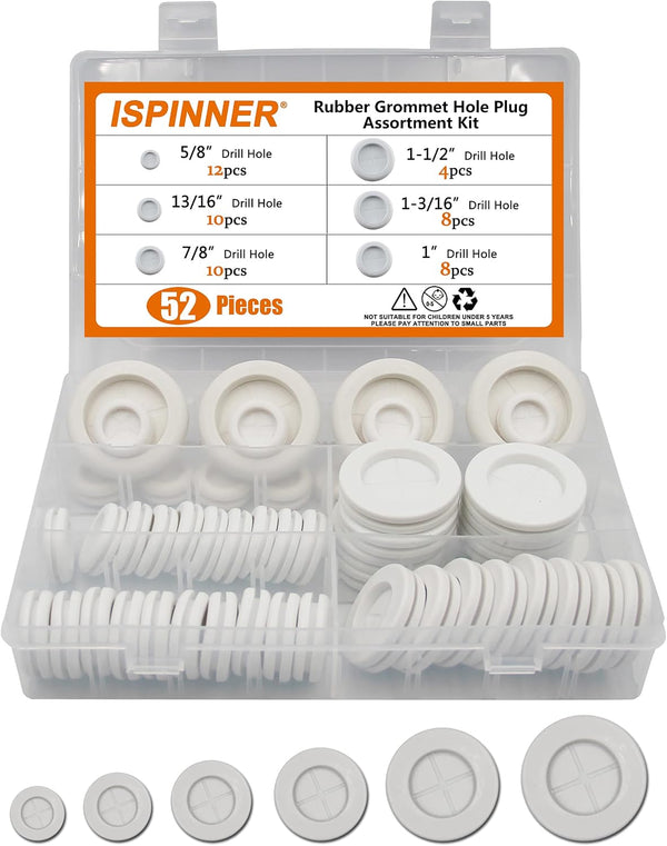 ISPINNER 52pcs Rubber Grommet, Double Sided Round Rubber Hole Plug, Drill Hole Sizes 5/8" to 1-1/2" (White)