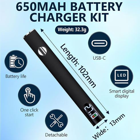 510 650mAh 3 Threaded Battery Cordless Thread Burner With LED Digital Display, Precise Temp Control USB-CRechargeable