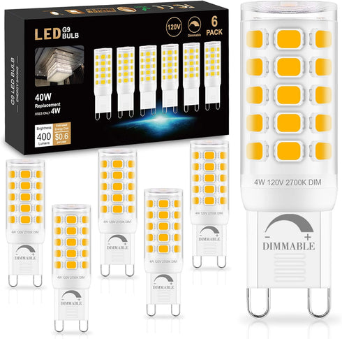Sailstar G9 LED Bulb Dimmable, 2700K Soft Warm White, 6 Pack, T4 G9 4W Replacement for 40 Watts Halogen