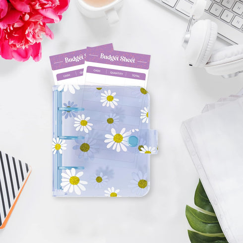SOUL MAMA Mini Binder with Cash Envelopes - Cute Daisy Blue A8 Binder Wallet, Money Organizer for Cash, Mini 3 Ring