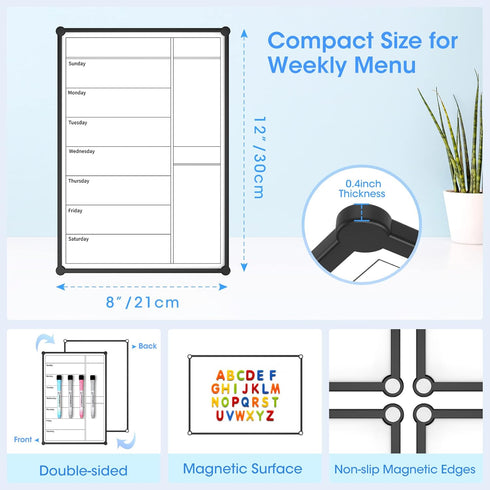 Magnetic Weekly Calendar for Fridge, 12×8”, Double-Sided Grocery List & Kitchen Menu Planner Board with 4 Markers