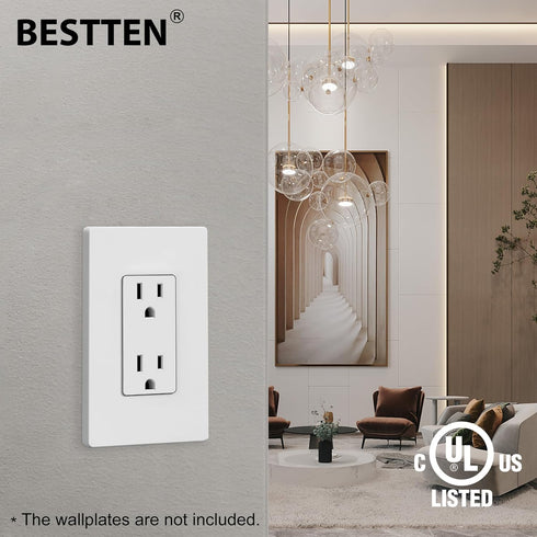 BESTTEN 15 Amp Decor Electrical Wall Outlet Receptacle, Non-Tamper-Resistant, 10 Pack, White