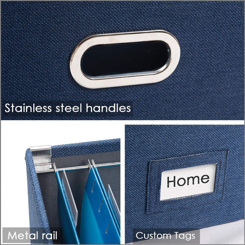 PRANDOM File Organizer Box - Collapsible Decorative Linen Filing Storage with Lids, Set of 1, Letter/Legal Size, Navy
