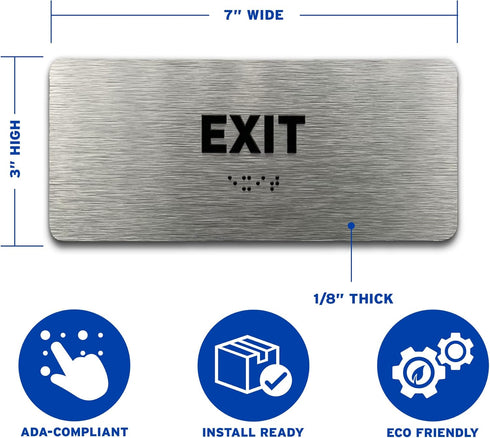 Exit Identification Sign - ADA Compliant, Raised Icons, Braille, Brushed Aluminum, 7"W x 3"H, Made in USA