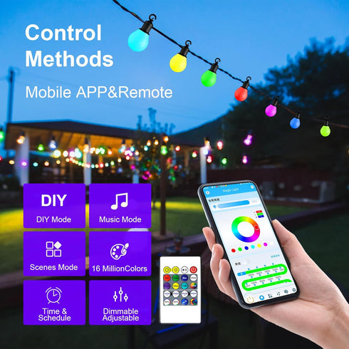 VOLIVO Bluetooth Outdoor Christmas Lights, 31.2ft Smart App Control, ICRGB Color Changing String Lights, 25 Dimmable