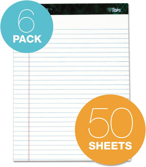 TOPS Docket Writing Tablet, 8-1/2 x 11-3/4 Inches, Perforated, White, Legal/Wide Rule, 50 Sheets, 6 Pads