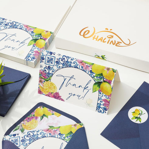 50 Summer 4 6 Inch Whaline Pcs Mediterranean Lemon Thank You Cards Boxed Blue Tile Flower Greeting Card with Envelope