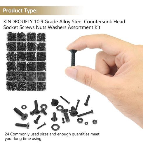 1285 Pieces M2 M3 M4 M5 Screws Nuts Washers Assortment Kit, Metric Screw Set, Fully Machine Thread (Black)