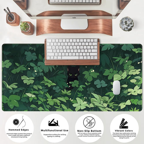 Black Cat Desk Mouse Pad - Green Plants Desk Mat, Anime Large Gaming Mouse Pad XL for Office Supplies, Long Laptop