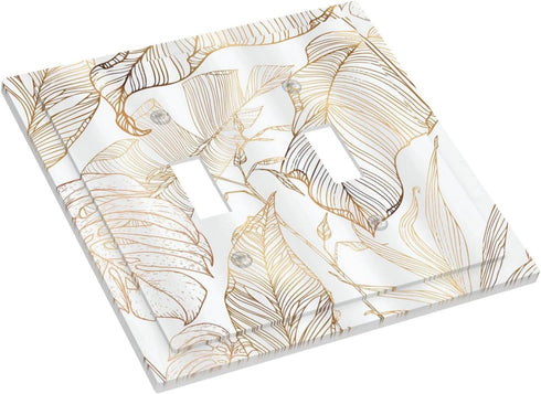 2 White Gold Tropical Palm Leaves Banana Leaf Double Toggle Light Switch Cover Decorative Gang Wall Plate Electrical