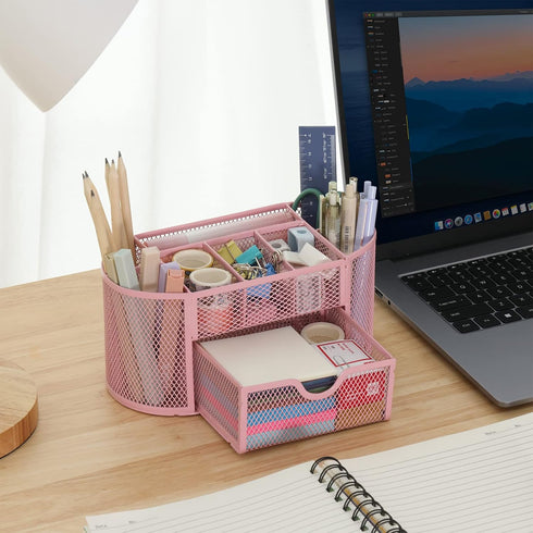 EOOUT Pink Desk Organizer - Mesh Pen Holder with 8 Compartments and 1 Drawer for Office, Home, School
