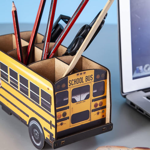 Pencils Organizer School Bus Pen Holder, Creative DIY Multifunctional Desk Organizer, 6 Compartments for Office School