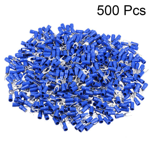 uxcell 500Pcs SV1.25-4S Insulated Fork Spade U-Type Wire Connector Electrical Crimp Terminal Blue 22-16AWG