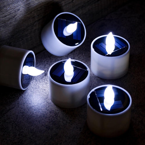 6 Pack Cool White Flickering Outdoor Waterproof Solar Powered Electric Candles, Solar LED Rechargeable Flameless Votive