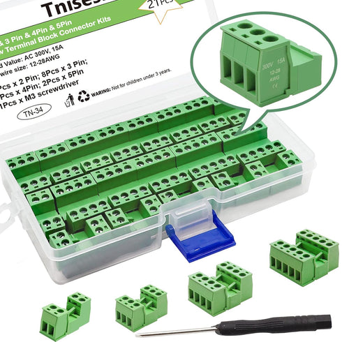 Tnisesm 21Pcs Screw Terminal Block Connector Kit, 5.08mm Pitch Pluggable (2Pin 3Pin 4Pin 5Pin) 300V 15A for 28-12AWG