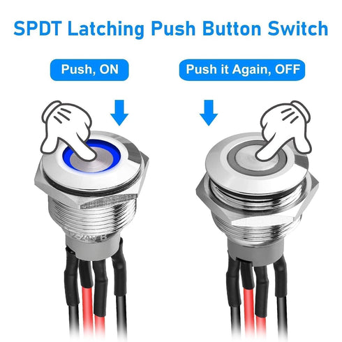 Linkstyle 19mm Latching Push Button Switch, 12V Metal Self Locking SPST ON-Off Switch with Wiring Harness, 5Pcs