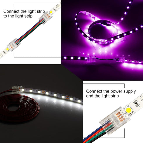 10 Pack 4 Pin LED Strip Light Connectors, 10 mm Solderless LED Strip Connector for Waterproof RGB Lights