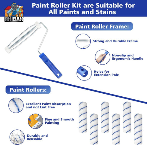 Rhibak 27 Set, 2 4 4"9" Set Paint Roller Kit with Extension Pole, Piece to Ft Pole, Paint Rollers, Paint Brushes