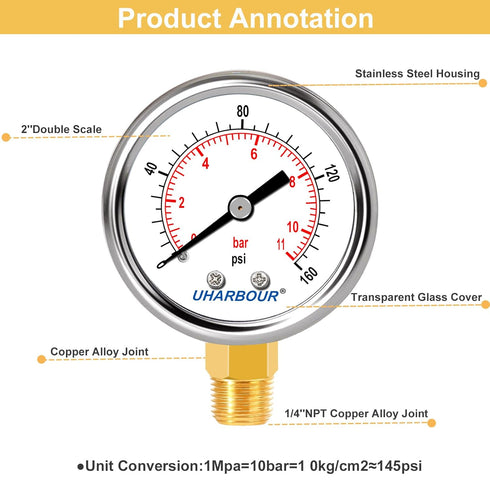 Lead-Free Pressure Gauge 0-160psi, 1/4" NPT Lower Mount, 2" Dial, Stainless Steel Case for Water, Air