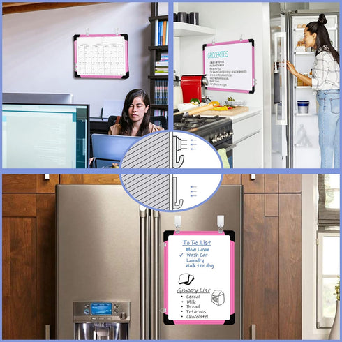 Dry Erase Calendar Whiteboard for Wall, 16" x 12" Magnetic Board, Portable Hanging Planner Memo (Pink)