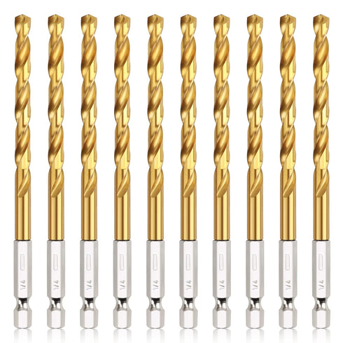 COMOWARE Titanium Twist Drill Bit Set - 10 Pcs 1/4" Hex Shank