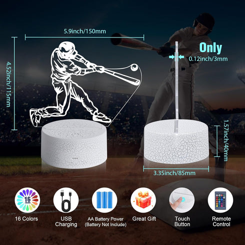 3D Baseball Man Night Light for Kids for Teens Boys Girls Birthday Christmas Gift,with Smart Touch and Remote