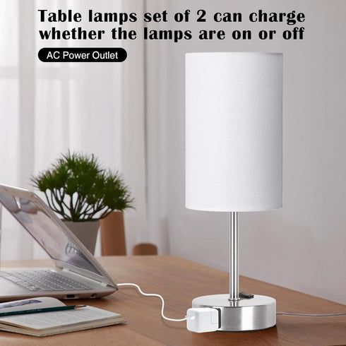 ZJOJO Table Lamp for Bedroom Set of 2, Small Bedside Lamps with 3 Way Dimmable Rocker Switch and AC Outlet, Nightstand