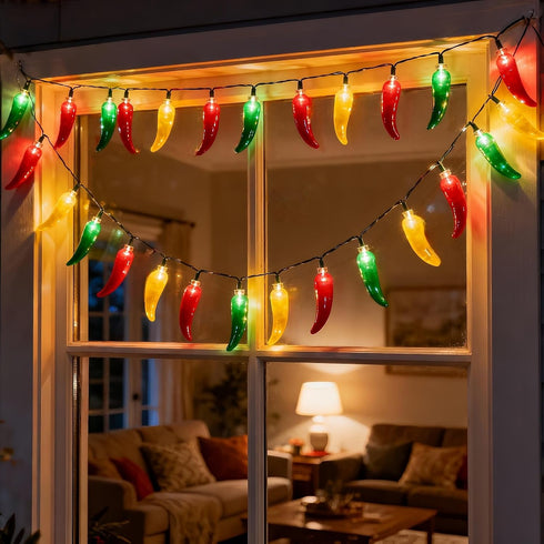 35 18 LED Red Green and Yellow Chili Pepper Christmas Lights, Ft Green Wire House Decorative Lighting String