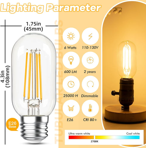 Dimmable E26 Bulbs 60Watt, 4.3 inches T45/T14 6W Bulbs, 900Lumen Bulbs,2700K Scones(2pcs) LED Edsion Tubular Light