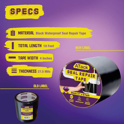 ATack Waterproof Patch and Seal Tape, Black, 4 Inches x 10 Feet, Water Barrier Tape for Stop Leak Repair on Pipes, Chimney, Roof, Boat, and HVAC by ATack
