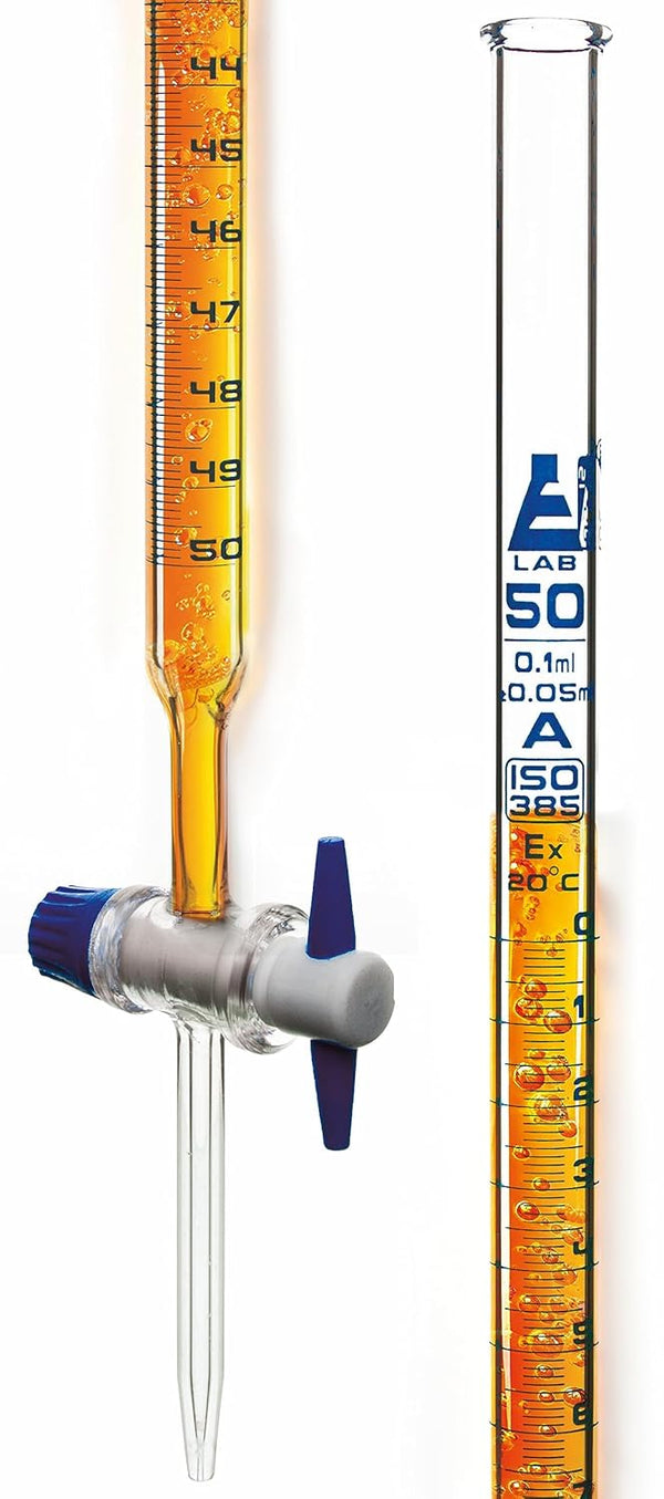 EISCO Burette, 50ml - Class A, ±0.05ml Accuracy, Borosilicate Glass with Straight Bore PTFE Stopcock and 0.1ml Blue