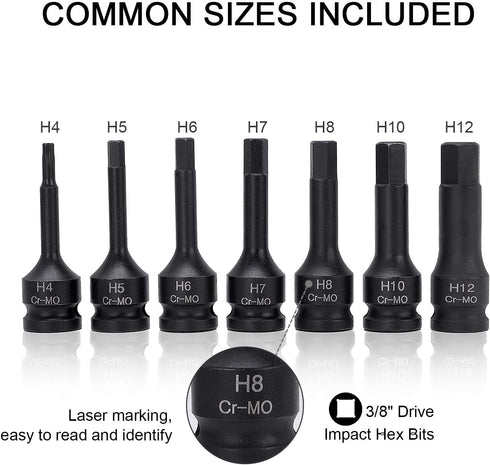 3/8 Inch 4/5/6/7/8/10/12 MM Set, 7 Drive Hex Bits Impact Allen Socket Piece Cr-Mo One-Piece Construction Metric Hex