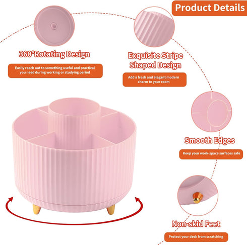 Desk Pencil Pen Holder, 5 Slots 360° Degree Rotating Organizer for Desk, Cute Pencil Cup Pot for Office, Pink
