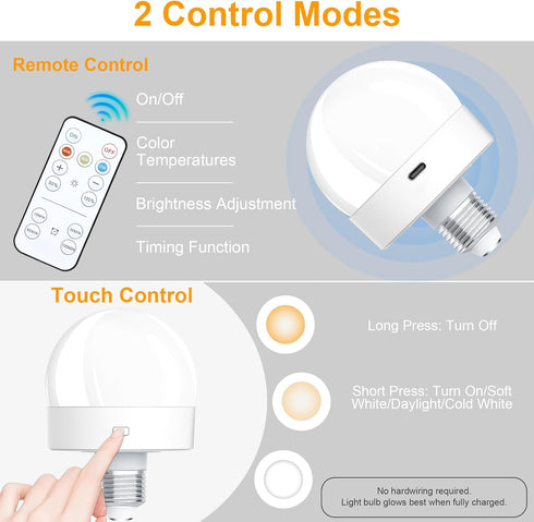 Rechargeable Battery Operated Light Bulbs, 300LM E26 Screw in (Magnetic Detachable) with Remote Control, Dimmable, Timer