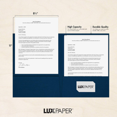 LUXPaper 9" x 12" Presentation Folders, Two Pocket, Nautical Blue Linen, 100lb Cover, 25 Qty