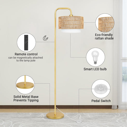 3 Dimmable Bulb, PARTPHONER Gold Floor Lamp for Living Room, Farmhouse Tall Lamp with Color Temperatures Remote & Boho