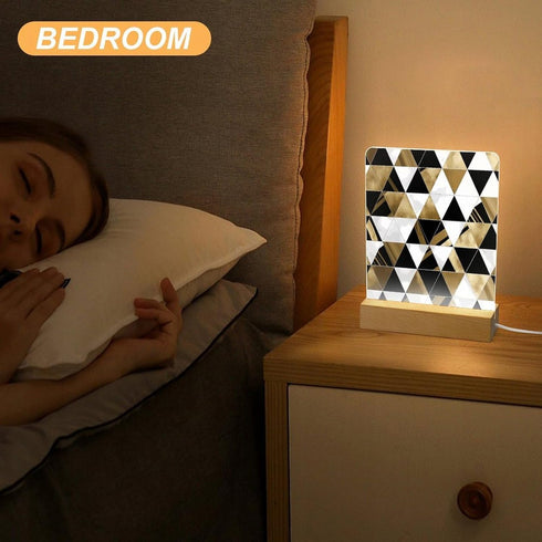 KNASNCHD Fashion Modern Black White Gold Triangles Night Light with Wood Base USB Interface Power Supply,Bedside Table