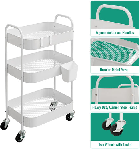 Ytmshisan 3-Tier Metal Rolling Cart with Wheels, Storage Utility Organizer Cart for Kitchen, Bathroom, Office, Baby