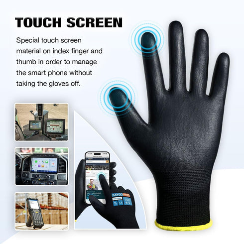 KAYGO Safety Work Gloves PU Coated for Men and Women- KG11PB,12 Pairs,Seamless Knit Glove with Two Fingers Touchscreen,Ideal for General Duty Work (Large,Black)
