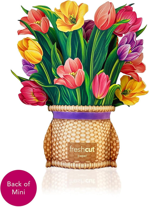 6 Inch 3D Freshcut Paper Pop Up Cards, Mini Festive Tulips, Mini Sized Forever Flower Bouquet Popup Greeting Cards