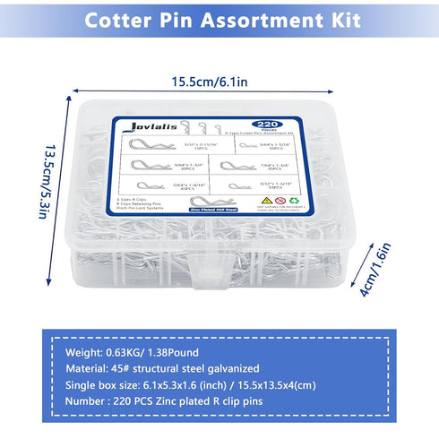 Cotter Pins, 220PCS R Clips Heavy Duty Zinc Plated Spring Fastener Assortment Kit for Hitch, Lawn Mower