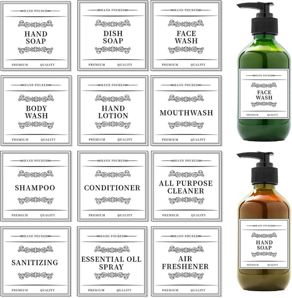 Arecobticy 12Pcs Set Soap Labels for Bottles Mouthwash Dispenser Sticker for Bathroom Removable Self-Adhesive Sticker