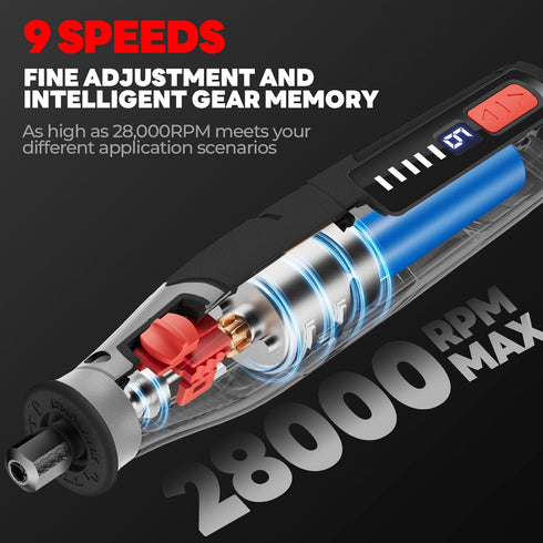 4V 80 28000 9-Speed, 4000mAh PHALANX Cordless Rotary Tool Kit with Accessories, RPM, Battery, Rotary Tool with Digital