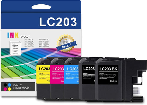 LC201 LC203 XL Ink Cartridges (5-Pack, 2 Black, 1 Cyan, 1 Magenta, 1 Yellow) - Eout Compatible for Brother Printers